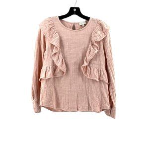 Lucky Brand Women's 100% Cotton Pink Linen Long Sleeve Ruffled Top Shirt Size S